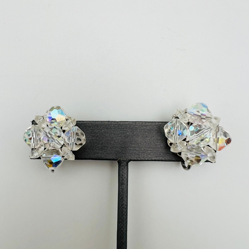 Vintage Laguna Aurora Borealis Crystal Cluster Earrings AB Clip On MCM
